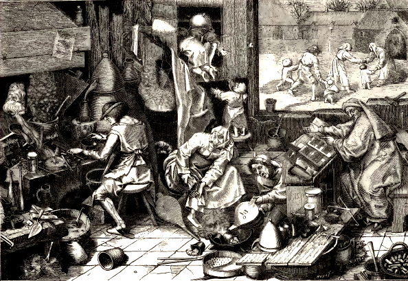 Fig. 148. — Le laboratoire de l’Alchimiste, d’après le tableau de Breughel-le-Vieux, gravé par Cock. XVIe siècle